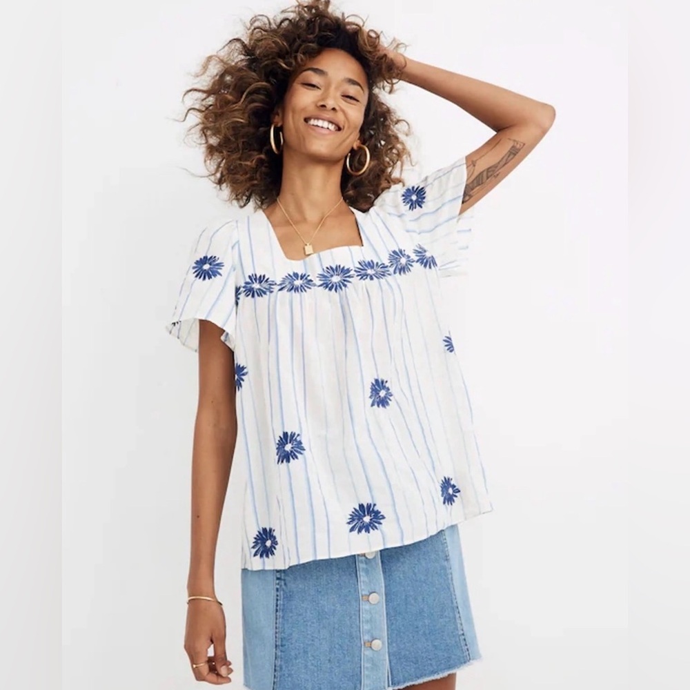 Madewell blue & white Floral Embroidered Butterfly Top in Stripe 2X